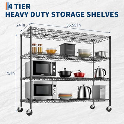 4 Tier Heavy Duty Wire Garage Shelving with Wheels, 2200 LBS Capacity, 24"D x 56"W x 75"H, Adjustable Metal Storage Rack, Industrial Shelves for Warehouse, Kitchen, Garage, Pantry and Utility Room