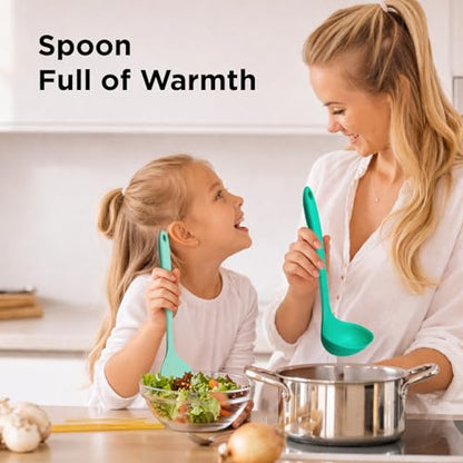 Kitchen Mama DuoEssentials Ladle & Cooking Spoon Set, Teal | Silicone, Heat Resistant, One-Piece Design, For Nonstick Cookware, For Soup, Stirring, Serving & Sauteing - color: Teal