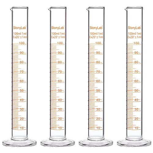 StonyLab 4-Pack Borosilicate Glass 100ml Heavy Wall Graduated Cylinder Measuring Cylinder, 100ml - size: 100 ml