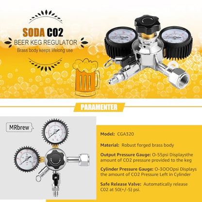 MRbrew Updated 0-60PSI CGA-320 Keg CO2 Regulator, Thread Outlet with 1/4" & 5/16" Barb | Kegerator Regulator with Pressure Adjustment Knob, Beer Regulator with Safety Manual Pressure Relief Valve - size: One Output Thread - Mildly Carbonated