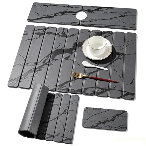 3 PCS Large Stone Dish Drying Mat for Kitchen Counter, Quick Dry Diatomaceous Earth Mat with Sink Faucet Pad, Marble Water Absorbing Stone Drying Mats for Dishes, Bottles and Cups - color: Dark Grey Marble