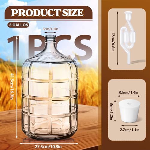 Suzile 3 Gallon Glass Carboy Set, 3 Gallon Glass Water Jug with Drilled & Undrilled Rubber Stoppers, Bubble Airlock, Handle and Brush, Fermenter Carboy Jug for Beer Wine Making Equipment (Clear) - size: 3 Gallon