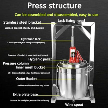 Fruit Wine Press 12L Grape Press for Wine Making Wine Press Machine W/Dual Stainless Steel Barrels Wine Cheese Fruit Vegetable Tincture Press~/