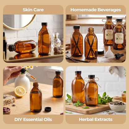 8 Pack 8oz Vanilla Extract Bottles, Amber Glass Bottles with Caps and Labels Small Boston Round Bottles for Homemade Gifts, Essential Oils, Potions, Tinctures & Liquids - Airtight & Leakproof - size: 8 Pack