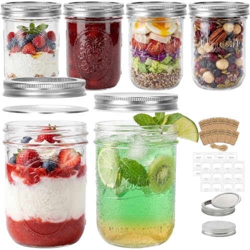 CycleMore 16oz Embossed Glass Mason Jars with Two Types of Lids – Set of 6 | One-Piece & Stainless Steel Split Lids. BPA-Free & Durable Glass. Dishwasher Safe. Non-Slip Grip. Vintage Style. - size: 16oz - 6 Pack with Stainless Steel Lids