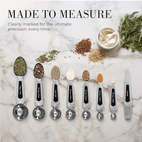 Stainless Steel Magnetic Measuring Spoons Set - 8-Piece Heavy Duty Metal, BPA-free, Stackable, Double Sided Measuring Spoons with Leveler for Dry and Liquid Ingredient - Fits in Spice Jars - color: Black & Silver