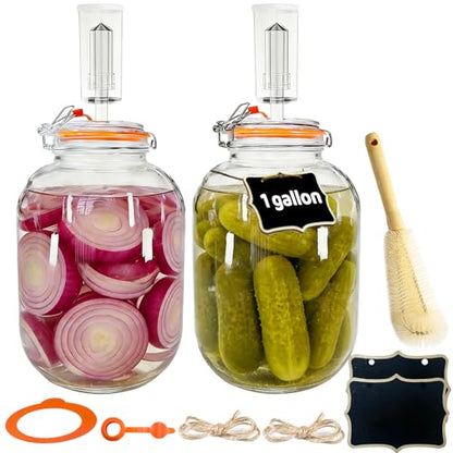 Klemon 발효 병, 2팩 3.8L(1갤런) 피클 키트, 발효 무게가 있는 유리 발효 병, 에어락, 브러시, 밀봉 발효 뚜껑, 발효 날짜 추적 - size: 3.7L/1 Gallon
