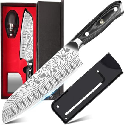 MOSFiATA Santoku Knife- 7 Inch Vegetable Knife Ultra Sharp Chopping Knife- Forged EN.4116 German Steel- Including Sheath,Finger Guard,Knife Sharpener,Full Tang,Best Gifts with Handmade Gift Box - style: 7 inch santoku knife