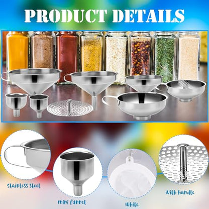 20 Pcs Canning Funnels Stainless Steel Wide and Narrow Mouth Strainer for Regular Mason Jar Filling Kitchen Use with Mesh Filter Brush Hook Metal Food Funnel Supplies Kit