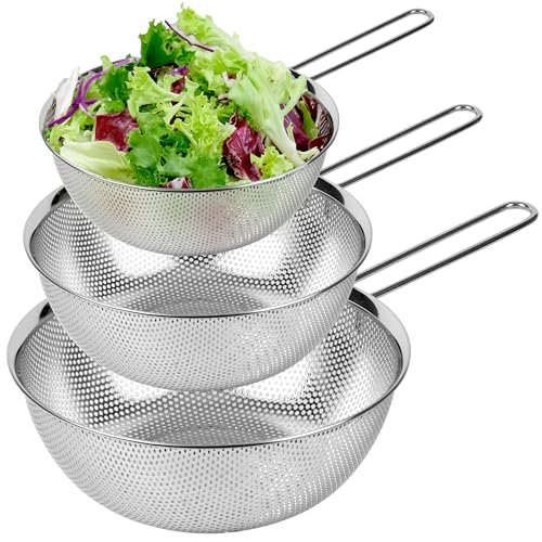 Premium 18/8 304 Stainless Steel Set of 3 – Micro-Perforated Strainer with Long Handle, Self-Draining Base for Pasta Rice Vegetables, 18/8 304 Heavy Duty (1.5, 2.5, 4 Qt) Made in Korea - size: 1.5+2.5+4QT Strainer