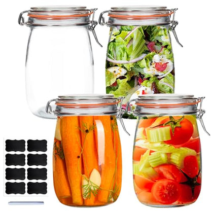 32 oz Wide Mouth Mason Jars,4 Pack Glass Pickling Jars with Airtight Lids,Air Tight Glass Storage Container for Canning,Pickling,Fermenting - color: 32OZ
