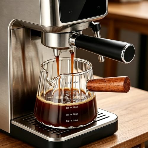 6 oz Espresso Cups - Glass Measuring Cups with Spout - Ribbed Small Creamer Pitcher- Expresso Shots Cup with Wood Handle for Coffee Milk, Dishwasher Safe (Transparent, 2 pack) - color: Transparent, size: 2 pack