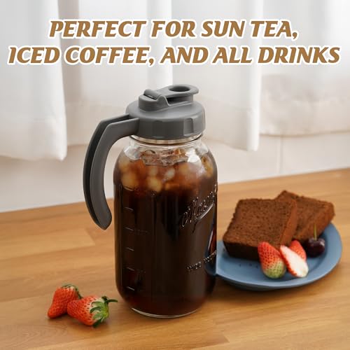 Soligt Glass Mason Jar Pitcher with Lid, Wide Mouth Flip Cap Pour Spout Leak-proof Lid with Handle, 64 oz/2 Quart, for Iced Coffee/Sun Tea Juice/Cold Brew/Milk (2 Pack, Dark Gray + Light Gray) - color: Dark Gray and Light Gray