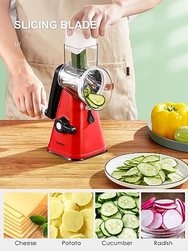 Rotary Cheese Grater with Handle, Reemix Vegetable Cheese Shredder Slicer Grater for Kitchen 3 Changeable Blades for Cheese Potato Zucchini Nuts Chocolate (Red) - color: Red