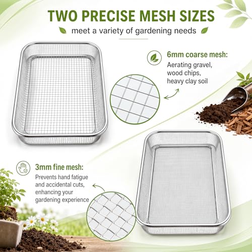Set of 3 Soil Sifter for Gardening 2 Stainless Steel Sand Rocks Compost Soil Sieve with 1 Trowel 1/4 Inch 1/8 Inch Mesh Dirt Sifter for Gravel Potting Sawdust
