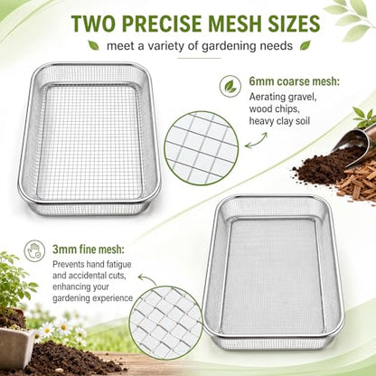 Set of 3 Soil Sifter for Gardening 2 Stainless Steel Sand Rocks Compost Soil Sieve with 1 Trowel 1/4 Inch 1/8 Inch Mesh Dirt Sifter for Gravel Potting Sawdust