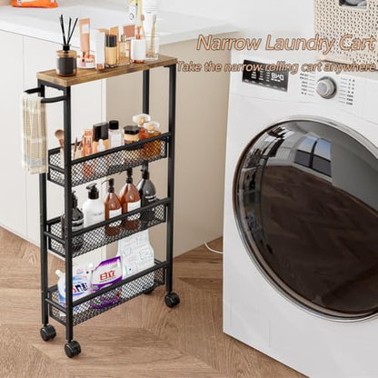 AZERPIAN Slim Rolling Cart 5 Tier Narrow Storage Cart on Wheels with MDF Board Top and Metal Handle for Small Space Kitchen Living Room Home Office Pantry Bathroom Laundry (16.38 x 5.12 x 39.17 inch) - size: 16.38 x 5.12 x 39.17 inch
