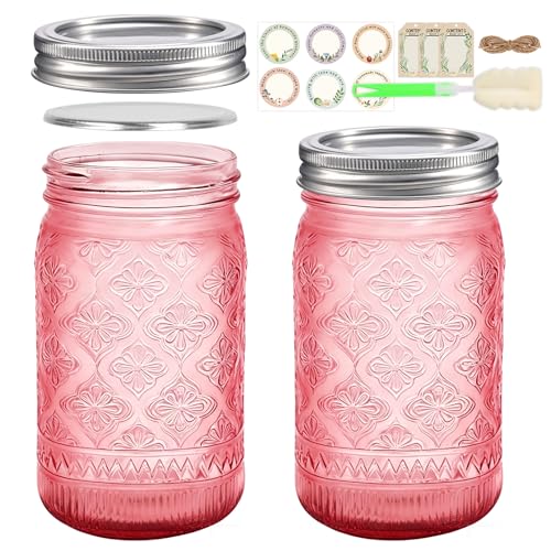 Pink Wide Mouth Glass Mason Jars 32oz with Leak-proof Split Lids, 2-Pack | Colored Glass Jars for DIY Crafts, Wedding Centerpieces, Home Decor, Flower Vase, Bathroom Storage - color: Pink-2Pack