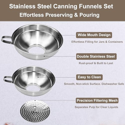 Canning Funnel with Strainer, 2 Pcs Wide Mouth Canning Funnels for Filling Jars, Food-Grade Stainless Steel Canning Funnels for Kitchen