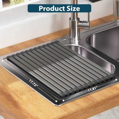 KABUM 17.72x11.81 Heavy-Duty Aluminum Alloy Roll Up Dish Drying Rack, Food-Safe Coating with Anti-Skid Silicone, Extra Wide & Thickened Sink Drying Rack for Kitchen Counter, Space-Saving Organizer