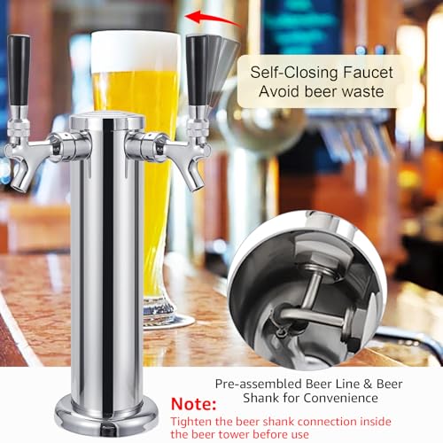 Kegerator Tower Dual Tap Beer Tower Dispenser, Draft Beer Tap Tower Kegerator Parts, Upgraded 3" Flange Keg Tower with Pre-Assembled Tubing & Self-Closing Brass Beer Faucet Stainless Core - size: Dual Tap Beer Tower(Brass Faucet)