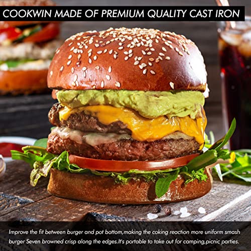 COOKWIN 6" Cast Iron Smashed Burger Press Kit, Heavy-Duty Hamburger Smasher with Non-Slip Handles and 50 pcs Patty Paper, Bacon Meat Weight Press for Steak, Smashburger, Grill and BBQs - color: 6 inch Black