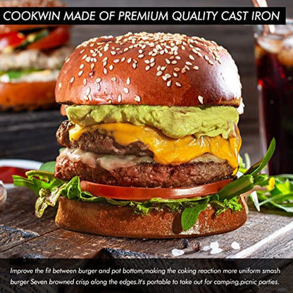 COOKWIN 6" Cast Iron Smashed Burger Press Kit, Heavy-Duty Hamburger Smasher with Non-Slip Handles and 50 pcs Patty Paper, Bacon Meat Weight Press for Steak, Smashburger, Grill and BBQs - color: 6 inch Black