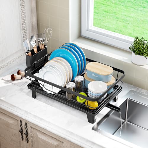 Urackify Dish Drying Rack for Kitchen Counter, Sink Dish Rack with Drainboard 12.2" W x 16.5" L, Large Dish Drainer with Cutlery Holder, Home Countertop Plate Dryer Storage Rack, Black - color: Black