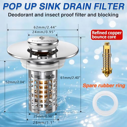 Bathroom Sink Drain Strainer(New-2pcs), Pop-up Sink Drain Strainer with Removable Stainless Steel Strainer Basket Hair Catcher, Bathroom Sink Strainer for Bathroom Sink Stopper Replacement - color: New-2pcs