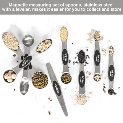 Magnetic Measuring Spoons Set Stainless Steel with Leveler, Stackable Metal Tablespoon Measure Spoon for Baking, Cups and Spoon Set Kitchen Gadgets Apartment Essentials Fits in Spice Jars - color: Silver