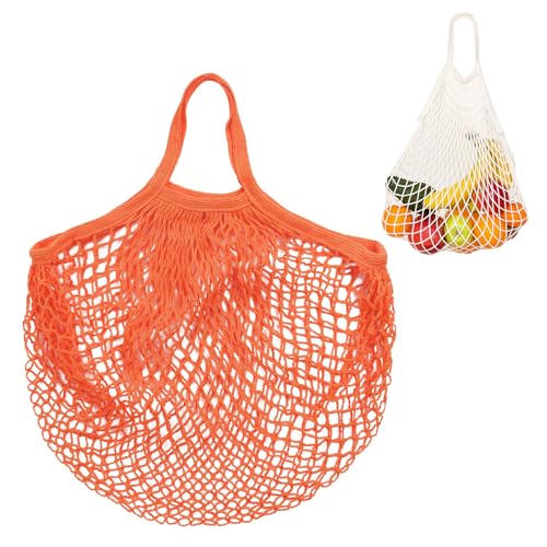 M METERXITY 1-Pack Cotton Mesh Bag, Reusable Washable Mesh Net String Grocery Bags, Reusable Produce Bags with Handle, Net Tote Bag for Fruits/Vegetables Shopping [Orange, Short Handle] - color: Orange
