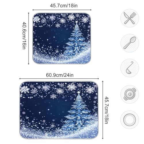 Christmas Tree Blue Dish Drying Mat for Kitchen Countertop 18x24 Winter Snowflake Silver Xmas Large Drying Mat Reusable Quick Dry Dish Sink Mats Easy Clean Decorative Essentials - size: 18x24(in)x1