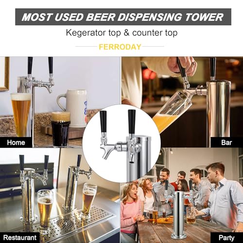 FERRODAY Kegerator Tower Dual Faucet Beer Tower Double Tap Beer Tower Dispenser Beer Tap Kegerator Parts Stainless Steel Tower Brass Faucet Stainless Core Pre-assembled Lines 3" Keg Tower Beer Keg Tap - size: Dual Tap-Brass Faucet