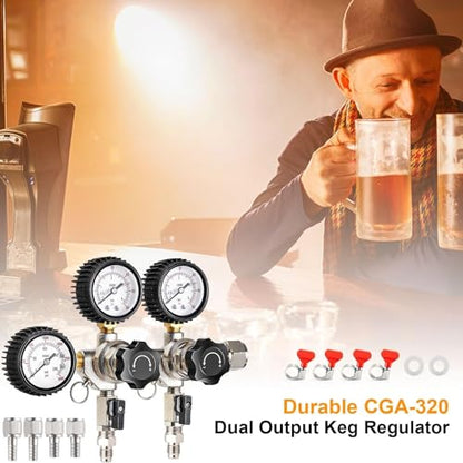 Keg Co2 Regulator Dual Output, Triple Gauge CGA-320 Co2 Regulator for Kegerator with 1/4'' & 5/16'' Quick Disconnect Barb Connectors, Co2 Tank Pressure Regulator with Safety Pressure Relief Valve - size: Dual Output - Threded Fitting