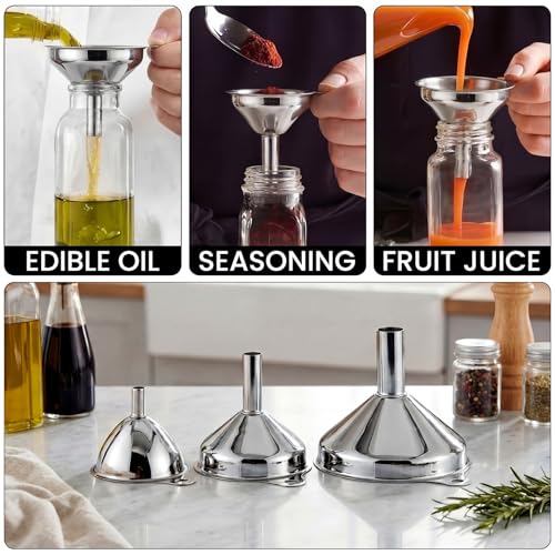 Mifoci 6 Pcs Stainless Steel Funnels for Kitchen Use Filling Bottles 3 Sizes Mini Metal Funnels Food Grade for Liquids, Oils, Powders & Spices Includes 2 Cleaning Brushes Hanging Rings Easy Storage
