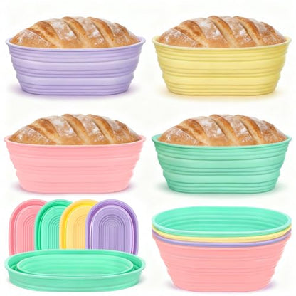 4 Pcs Silicone Bread Proofing Baskets, 10 Inch Oval Foldable Banneton Basket, Dough Proofing Bowls Containers Sourdough Baking Supplies with Non-Stick Surface