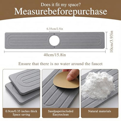 Diatomite Faucet Mat for Kitchen Sink, Quick-Dry Stone-Like Sink Mat, Flat Lay Absorbent Countertop Drying Mat for Faucet Area, Hard Diatomite Mat, Gray, 15.8 x 4 in - color: Gray-D2