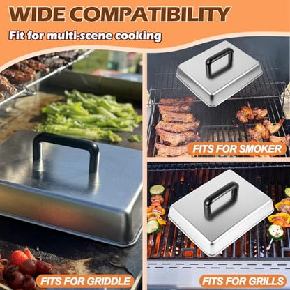 14 Inch Rectangular Melting Dome & Grill Press Kit for Blackstone Accessories, Stainless Steel Cheese Basting Cover and Cast Iron Bacon Burger Press for Flat Top Griddle Grill - size: 14" x 9"