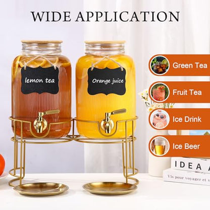 Drink Dispensers For Parties- 1 Gallon Beverage Dispenser with Stand and Spigot 18/8 Stainless Steel Leak-proof- Sun Tea Glass Jar For Outside, Juice Lemonade Dispenser