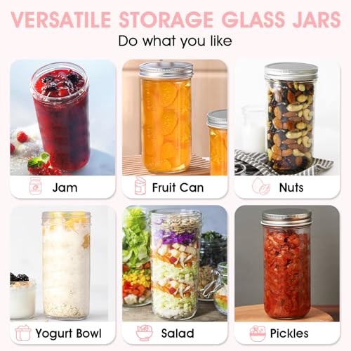 32oz Wide Mouth Mason Jars 2-Pack with Airtight Lids, Glass Canning Jars for Meal Prep, Overnight Oats, Jam & Food Storage, BPA-Free Clear Glass Jars for Canning, Fermenting & DIY Crafts