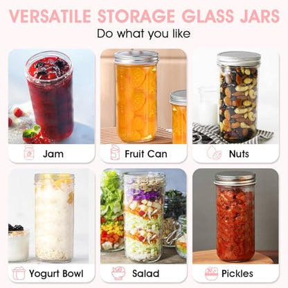 32oz Wide Mouth Mason Jars 2-Pack with Airtight Lids, Glass Canning Jars for Meal Prep, Overnight Oats, Jam & Food Storage, BPA-Free Clear Glass Jars for Canning, Fermenting & DIY Crafts