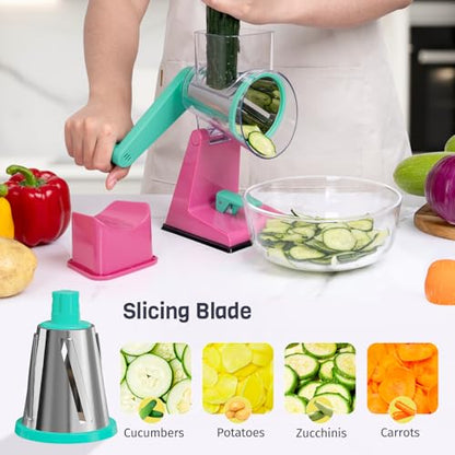 Upgraded Rotary Cheese Grater with 3 Interchangeable Stainless Steel Drums, One-Press Powerful Suction Manual Vegetable Shredder&Slicer for Kitchen, 15pcs Storage Bags Included, Rose-red&Green - color: Rose-red & Green