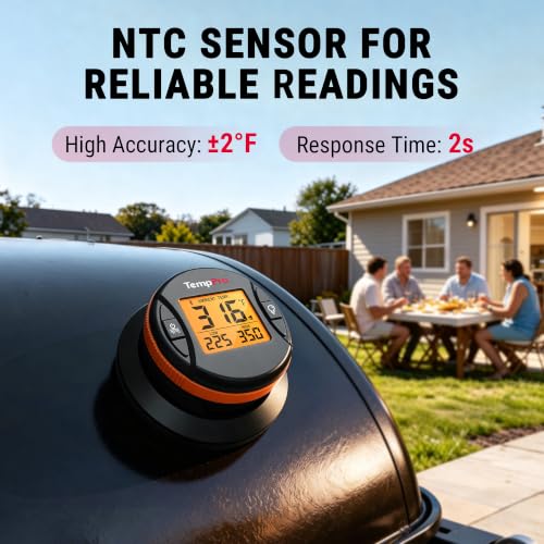TempPro Bluetooth Grill Thermometer with LCD Display & App Alerts, 500FT Wireless Temperature Gauge for Smoker, Kettle, Kamado, Pellet, Gas Grills, 0.3 Inches Universal Sensor Fits Most Lids