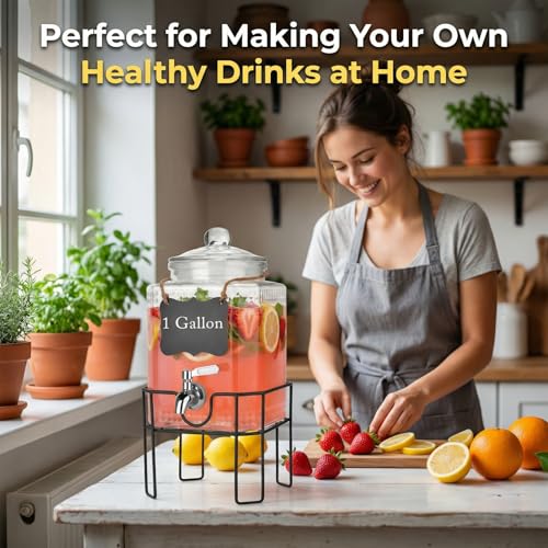 Drink Dispenser, Drink Dispensers for Parties, 1 Gallon Glass Beverage Dispenser with Stand and Glass Lid, 100% Leakproof Spigot, Ideal for Lemonade, Juice, Iced Tea, Laundry Detergent - size: 1 Gallon