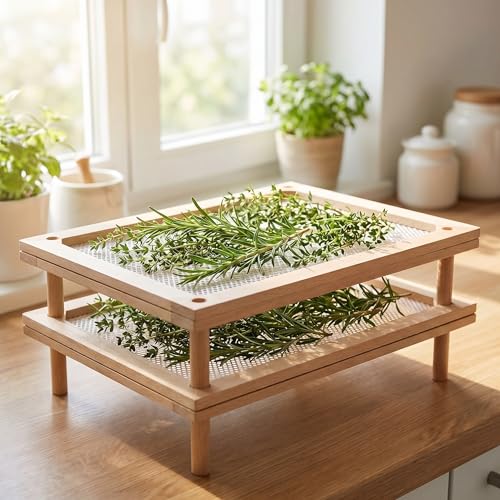 Cedilis Set of 2 Stackable Wood Pasta Herb Drying Rack, Food Dryer Stand with Net for Drying Seeds, Herb, Bud
