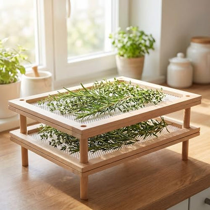 Cedilis Set of 2 Stackable Wood Pasta Herb Drying Rack, Food Dryer Stand with Net for Drying Seeds, Herb, Bud