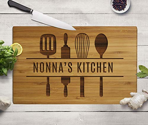 Andaz Press Large Bamboo Wood Cutting Board Gift, 17.75 x 11-inch, Nonna's Kitchen, Utensils Graphic, 1-Pack, Laser Engraved Serving Chopping Board Christmas Birthday Chef Kitchen Ideas - color: Nonna