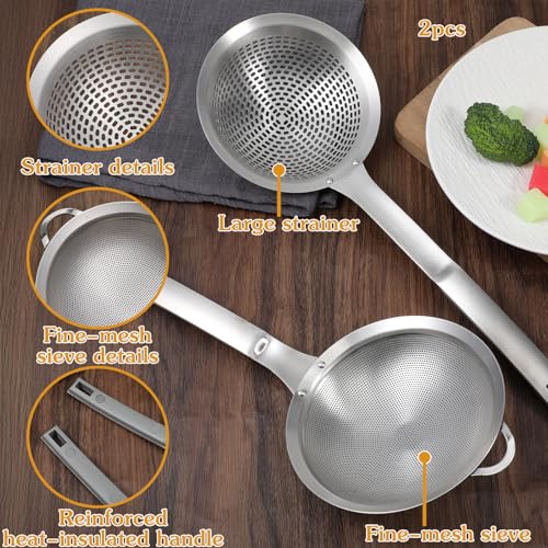2 Pieces Spider Strainer Skimmer Spoon Set, Fine Mesh Stainless Steel Metal With HoleSieve Food Strainer Grease Spider Skimmer, Large Hole Slotted Colander Frying Spoons Set With Handle for Cooking
