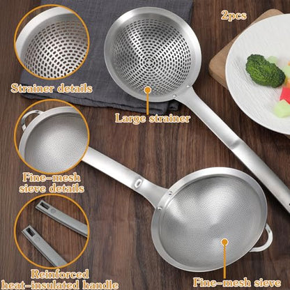 2 Pieces Spider Strainer Skimmer Spoon Set, Fine Mesh Stainless Steel Metal With HoleSieve Food Strainer Grease Spider Skimmer, Large Hole Slotted Colander Frying Spoons Set With Handle for Cooking