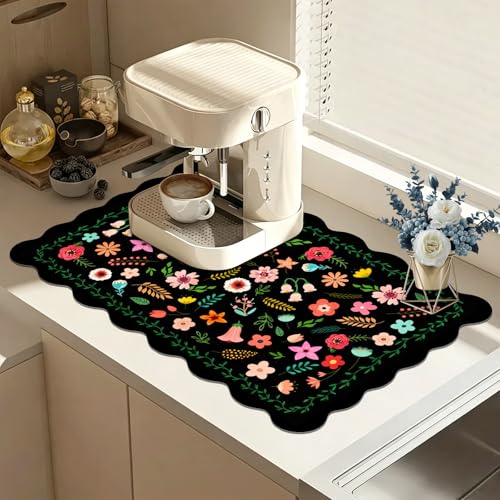 Scalloped Dish Drying Mats for Kitchen Counter, Boho Flowers for Spring Summer, Cute Coffee Bar Mat for Countertop, Diatomite Absorbent, Kitchen Aesthetic Decor (12"x19", Black Flower) - color: Z-Black-Flower, size: 19" x 12"